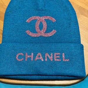 Blue Beanie with Glittery Pink Logo